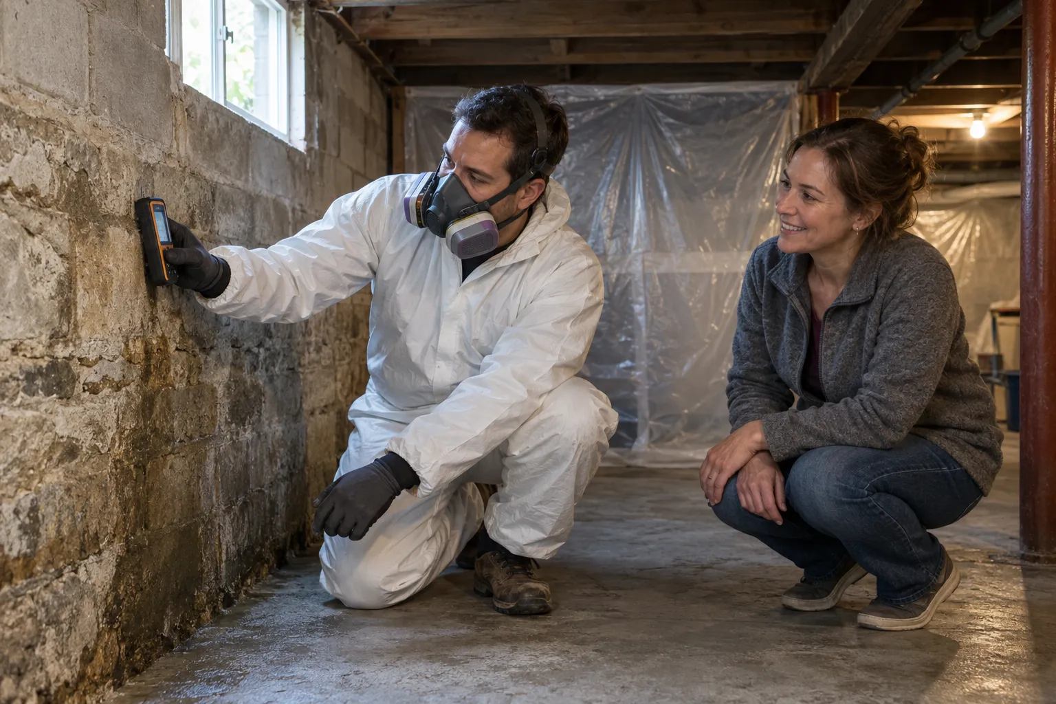 Homeowner and a local provider in protective gear checking a basement wall for mold in a Woodmont home