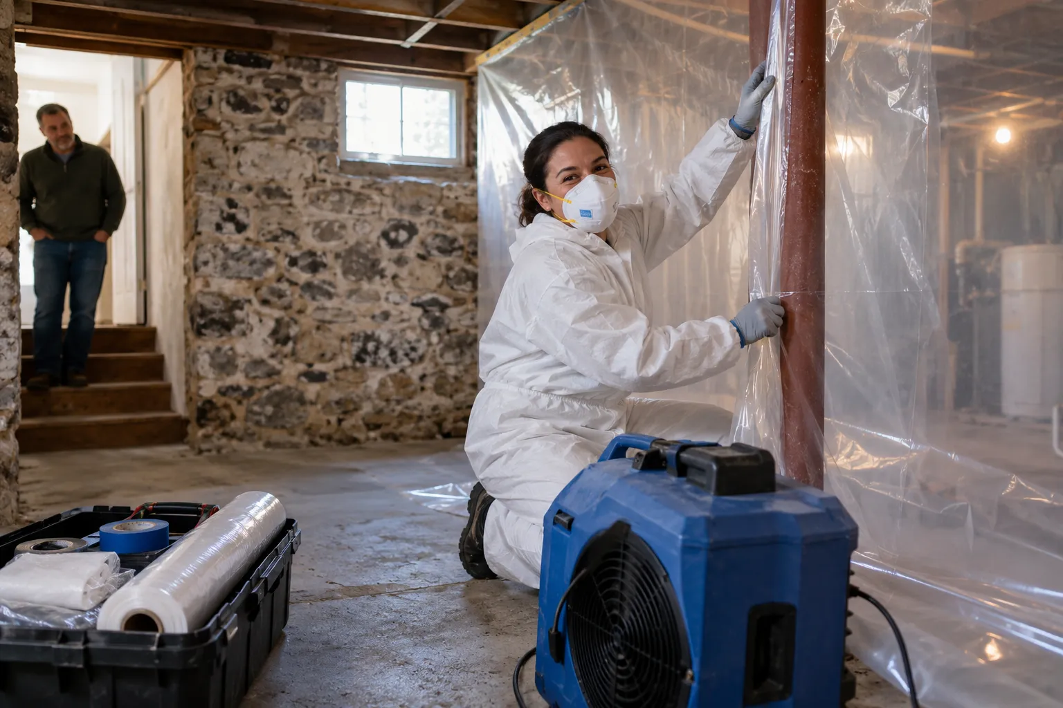 Provider in protective gear preparing a contained work area in a basement of a Woodmont home